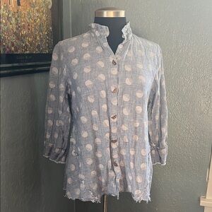 John Mark Light Blue Linen Polka Dot Blouse